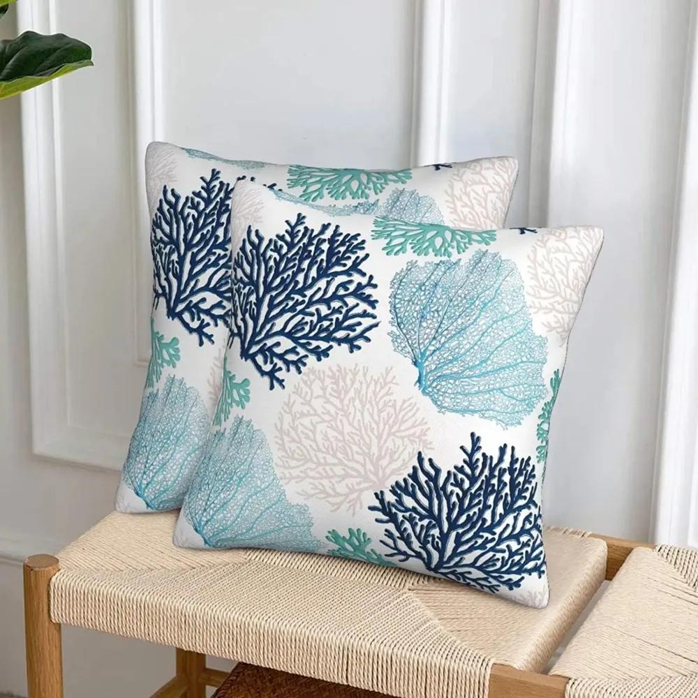 Summer Coastal Throw Pillows 18x18 Inch Set of 2 Coral Branch Ocean Themed Decorative Pillow Cases Square Pillowcases Decor Gift