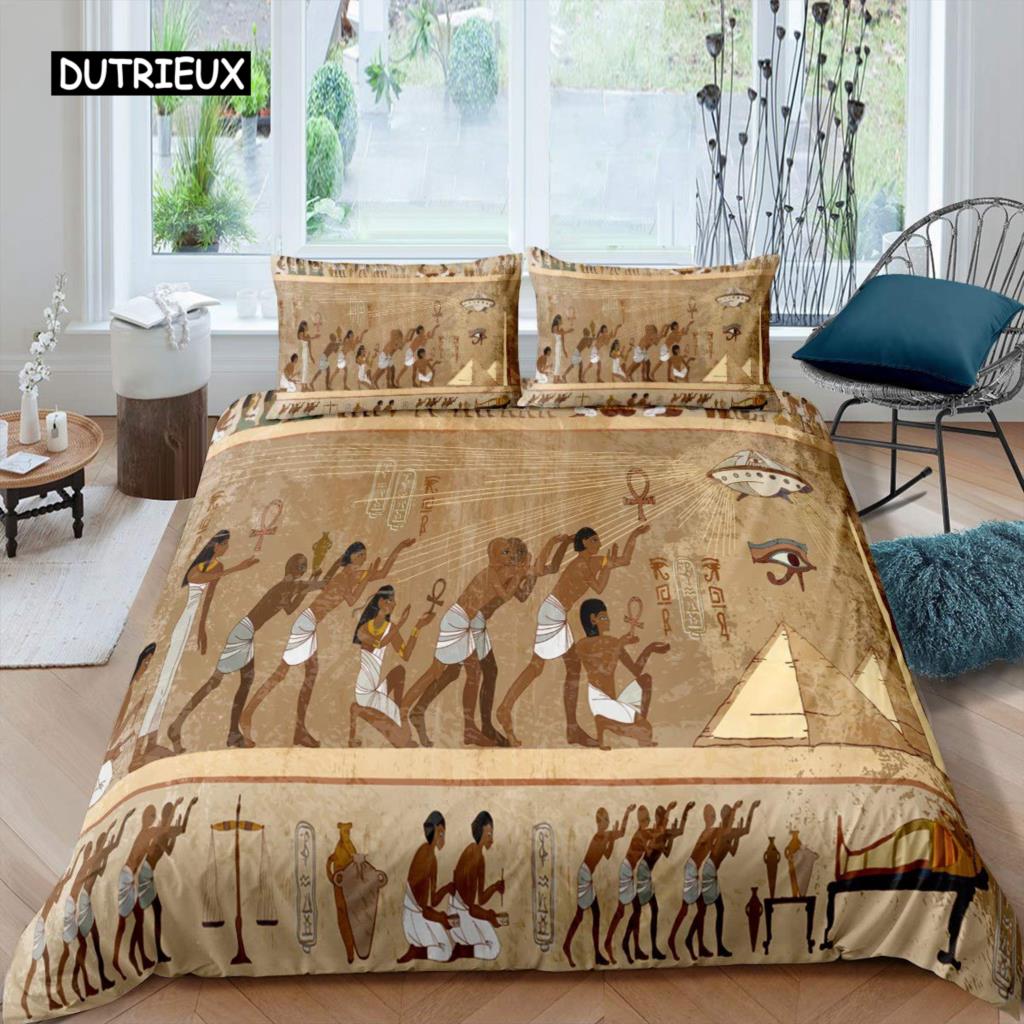 Ancient Egypt Duvet Cover Set Egyptian Symbol Bedding Set Vintage Pharaoh Pyramid Boho Tribal Polyester Quilt Cover 2/3pcs Queen