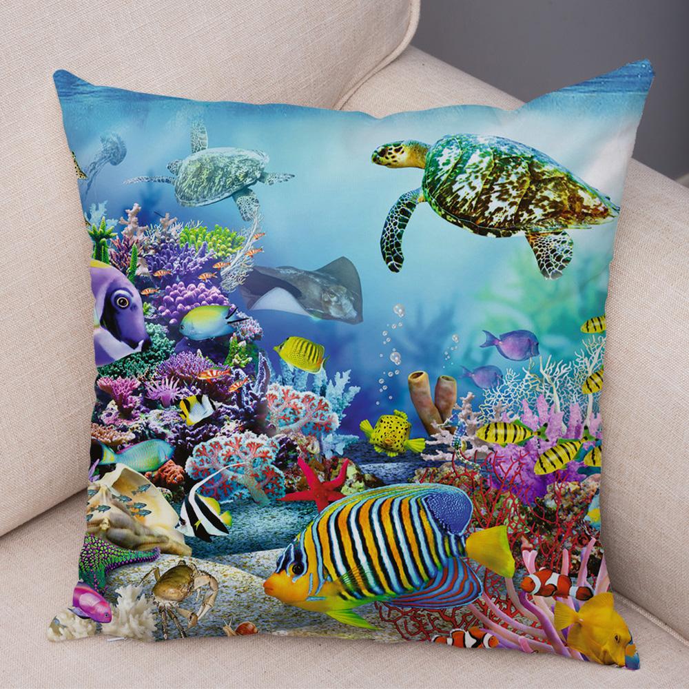 Marine Turtle Dolphins Shark Cushion Cover Short Plush Decor Colorful Ocean Animal Pillowcase Pillow Case for Sofa Home Car