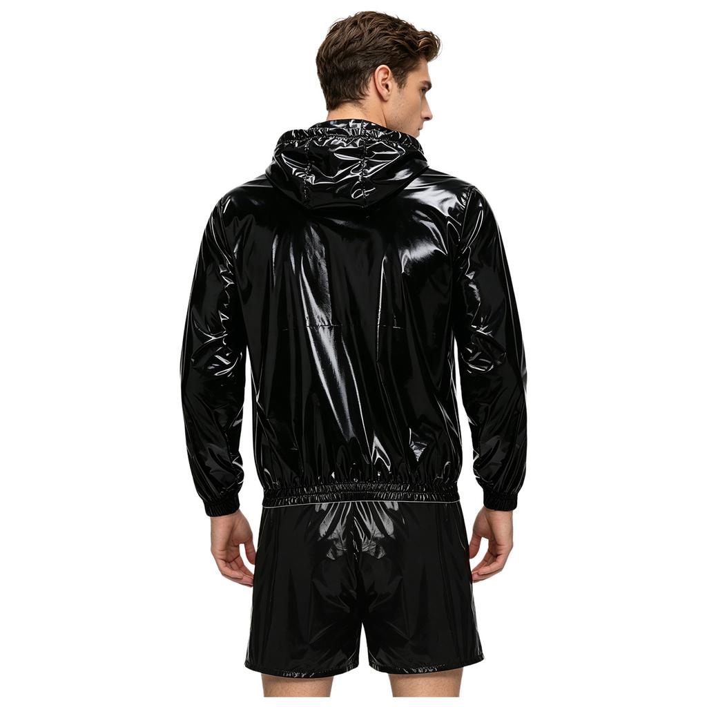 Mens Waterproof Sportswear Long Sleeve Zip Up Hooded Jacket Windbreaker Built-in Briefs Boxer Shorts Sweat Outfit