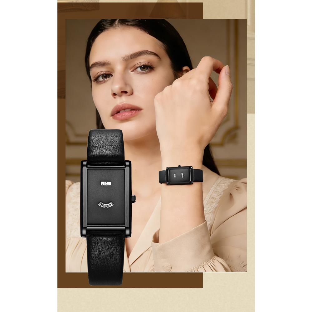 Women Rectangle Quartz Wristwatch Leather Strap Date & Minute Display Dress Daily Watch