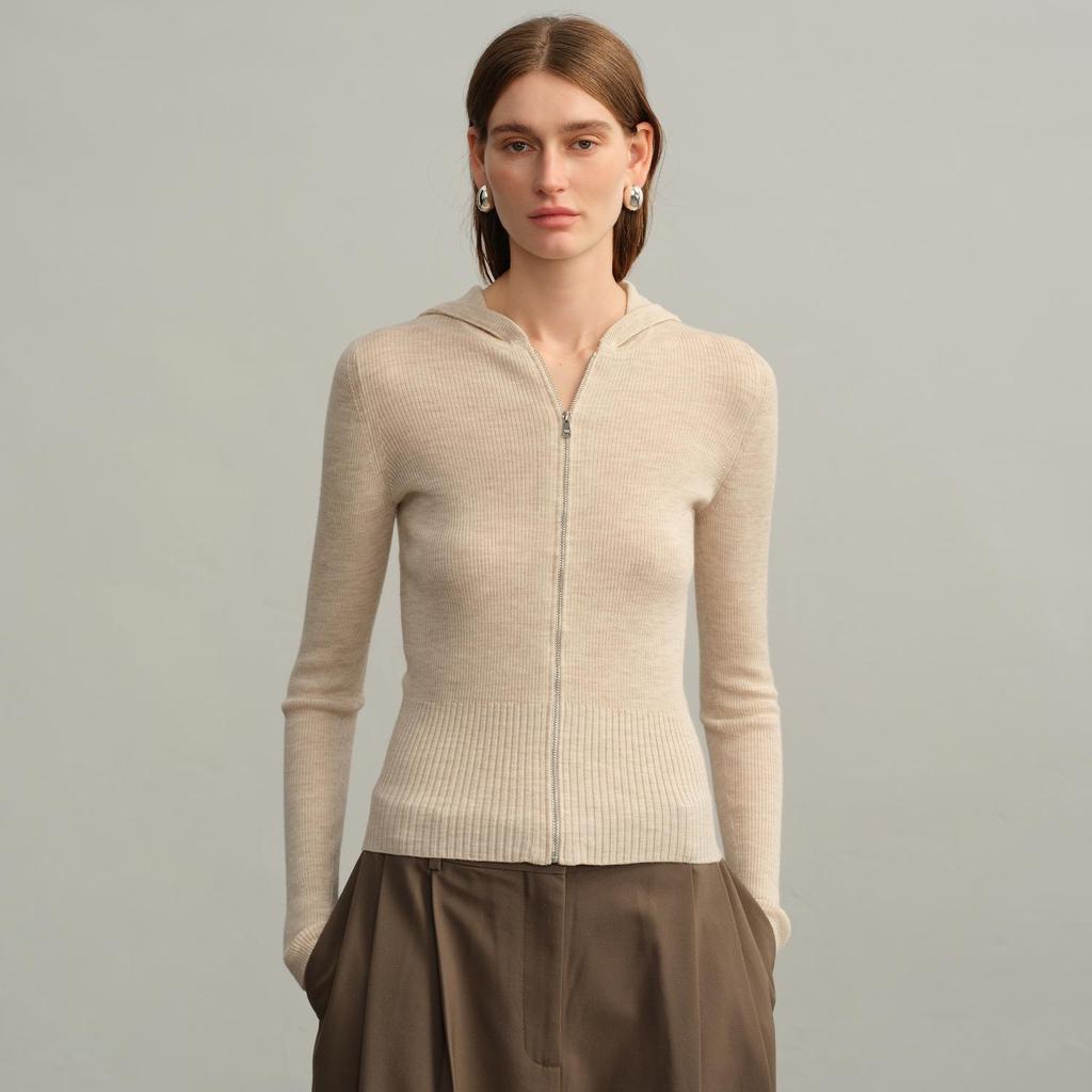 Yangzi Pure Wool Hooded Zip-Up Cardigan – European & American Style, Women's Autumn/Winter Slim-Fit Knit Sweater, Long-Sleeved