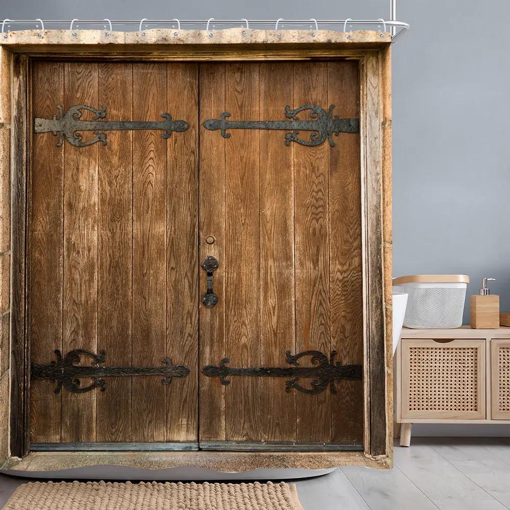 Vintage Wooden Door Shower Curtain Rustic Door Window Wheel Botanical Barn Polyester Shower Curtains Bathroom Decor with Hooks