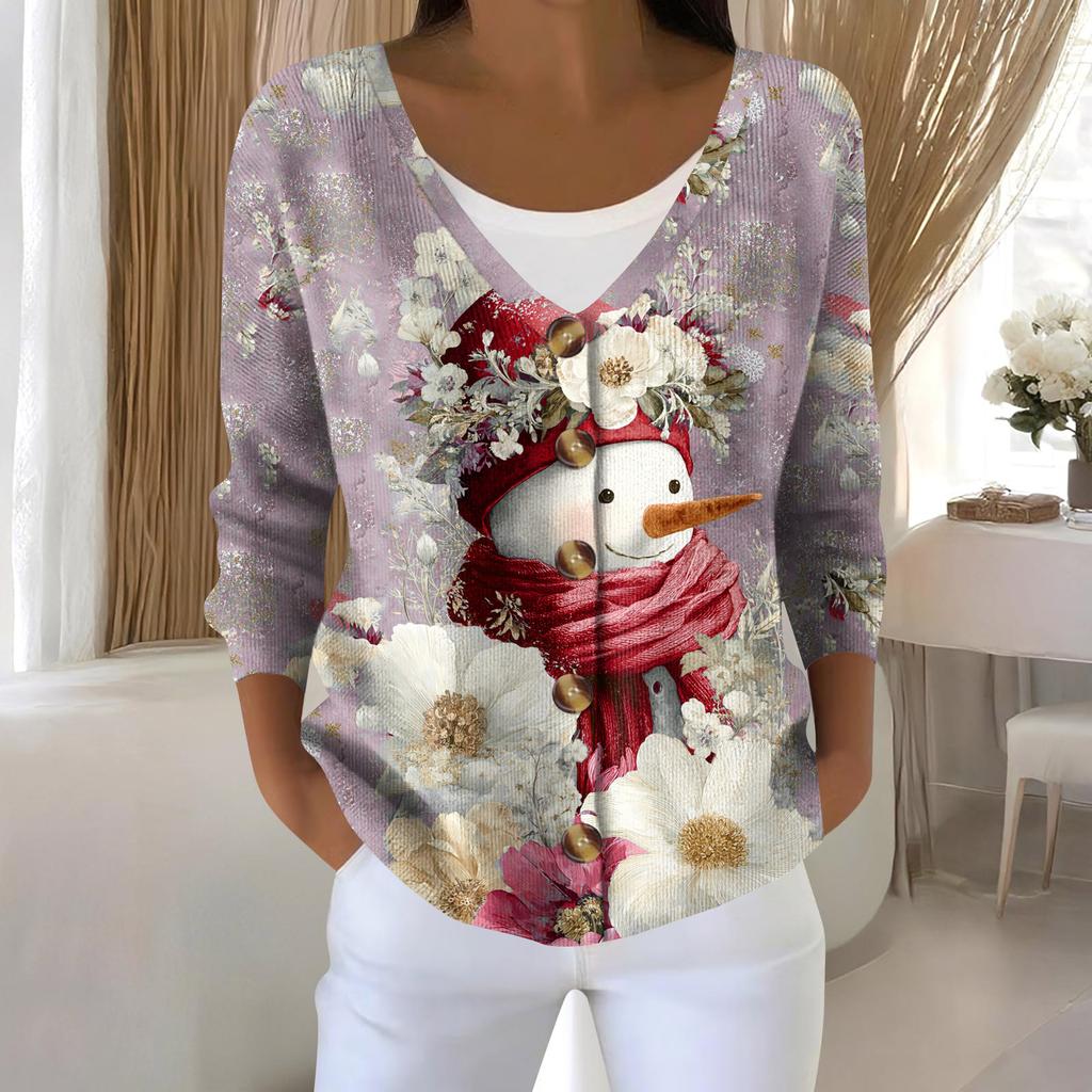 Women's Fashion Long Sleeve Christmas Snowman Snowflake Print Jacket Cardigan