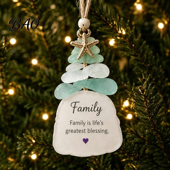 Handmade Christmas Ornament Sea Glass Tree Ornament, Seaglass Art Hanging Decor with Starfish Charm, Coastal Theme Decoration Peace Love Joy