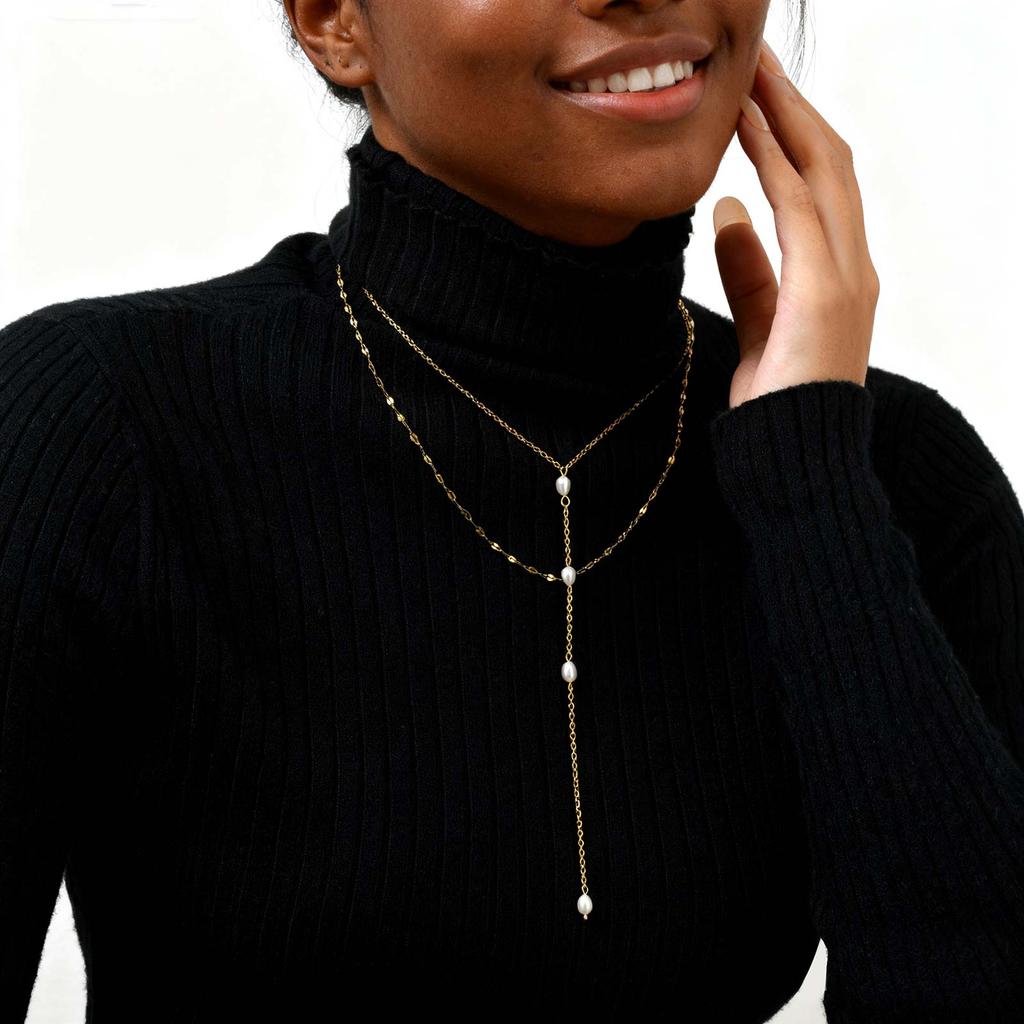 Imitation pearl Y-shaped Tassel Pendant Necklace for Women, Exquisite Gold Plated Stainless Steel Luxury Waterproof Jewelry Gift