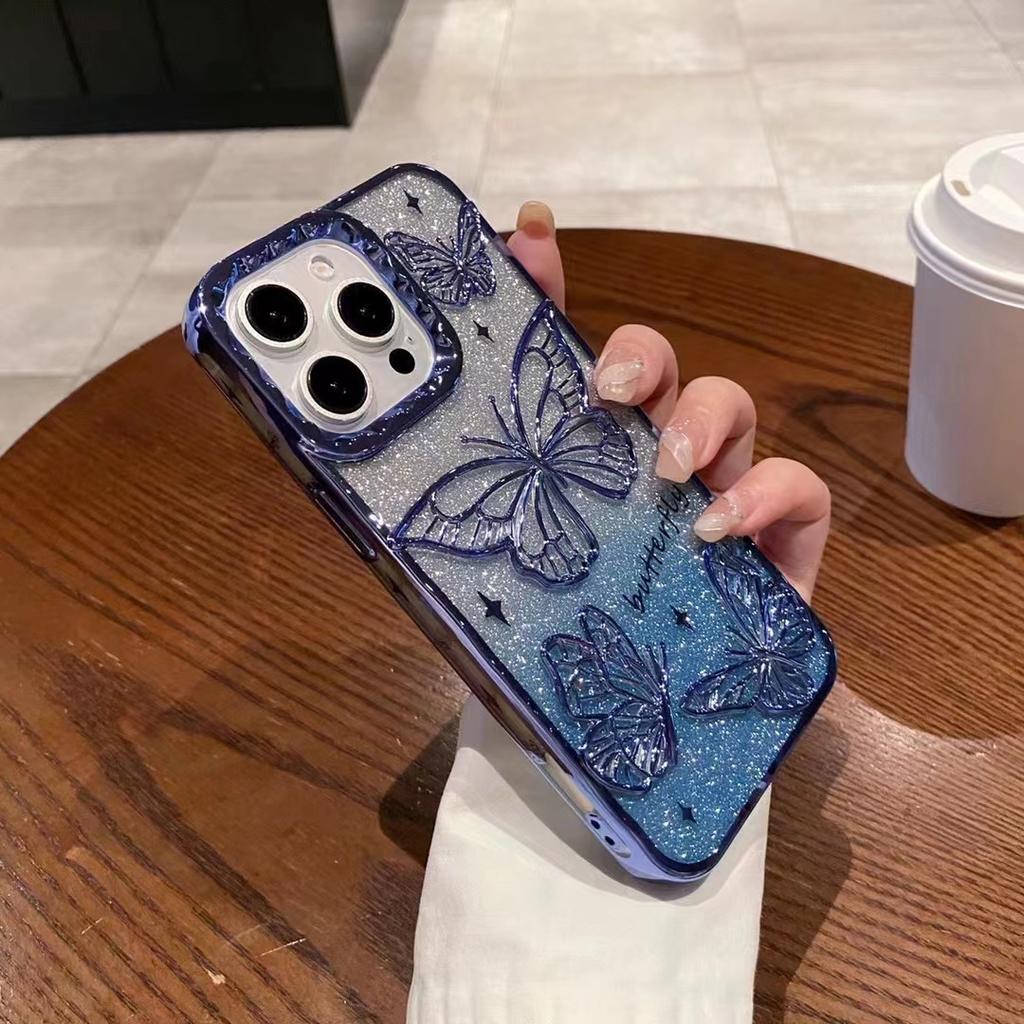 3D Třpytivý Motýlek s Tekutým Pískem Gradientní Pouzdro Pro iPhone 17 16 15 14 13 12 11 Pro Max Plus Air Plating Nárazuvzdorný Kryt