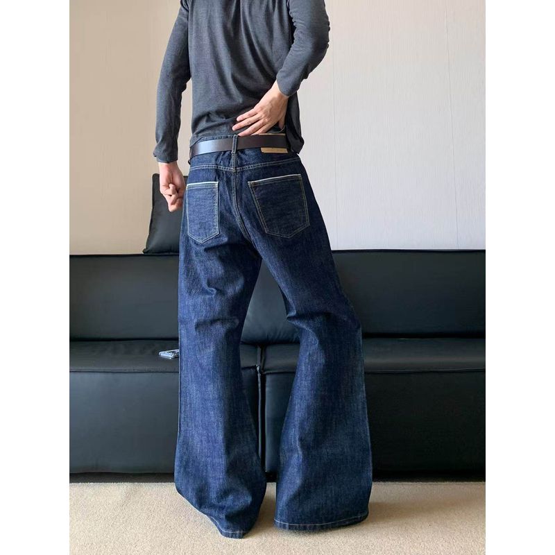 Cabbage Coke Stiff Dark Blue A-Line Slightly Curved Knife-Cut Jeans for Men and Women, Autumn Silhouette Raw Denim Wide-Leg Pants