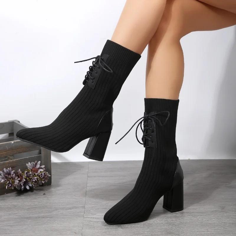 Fashion Women Knit Socks Shoes Stretch Fabric Women Luxury Ankle Boots Pointed Toe High Heels Slip-On Sock Heeled Chelsea Boots Size 43