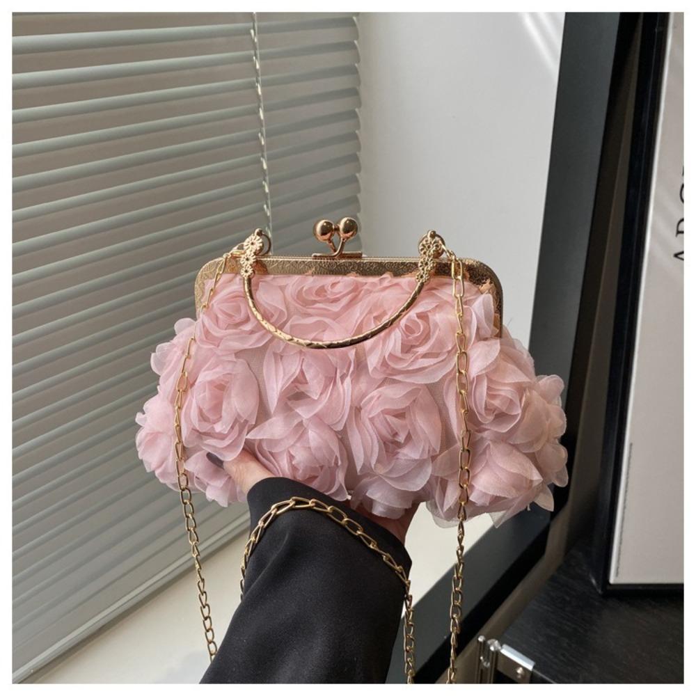 Luxury Polyester Fiber Evening Bags Chiffon 3D Flower Banquet Bag Chain Clutch Handbag Women Crossbody Bag