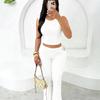 Women's Slim Fit Two-piece Matching Outfit Sleeveless Crew Neck Crop Tank Top Ruched High Waist Flare Pants Tracksuit
