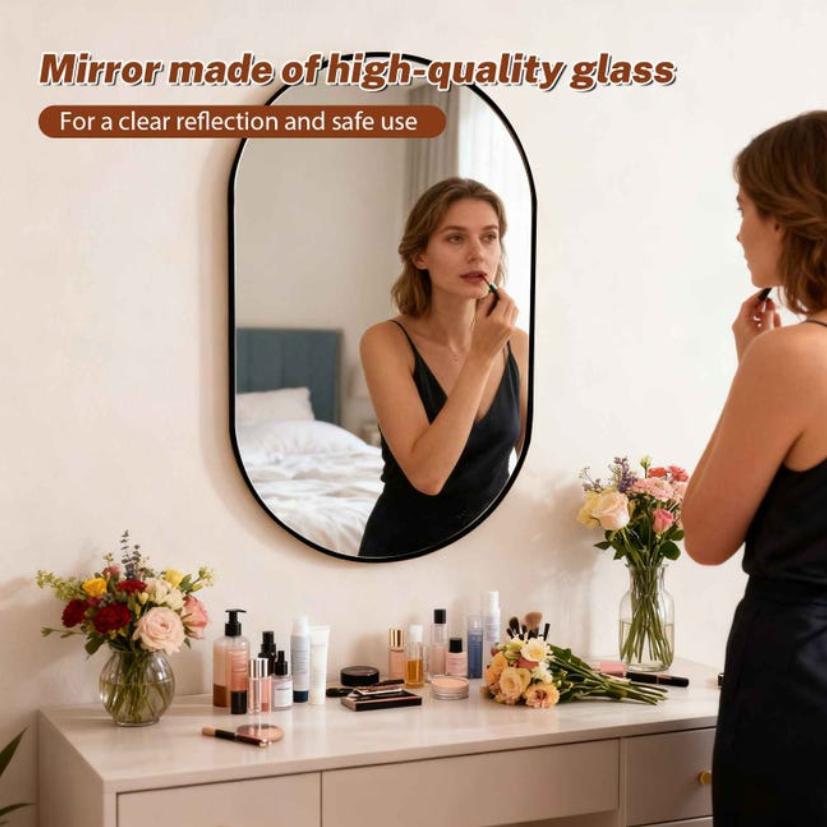Modern Capsule Wall Mirror, Rounded Rectangle Bathroom Vanity Mirror, Horizontal Vertical Hanging, Black