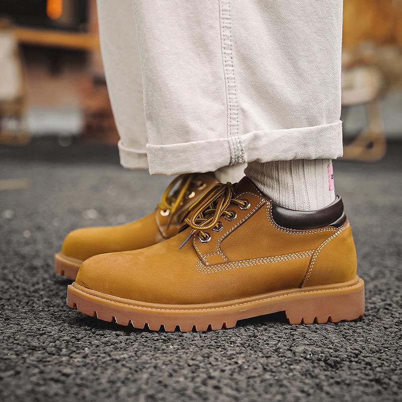 Men's Retro Yellow Leather Low-Top Martin Motorcycle Boots with Oxford Outsole