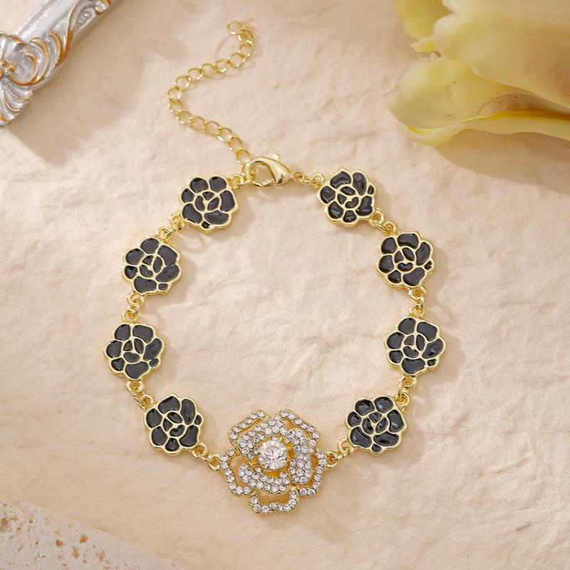 Personalized Fashion Enamel Black Rose Rhinestone Camellia Bracelets For Women Jewelry Accessries Gift
