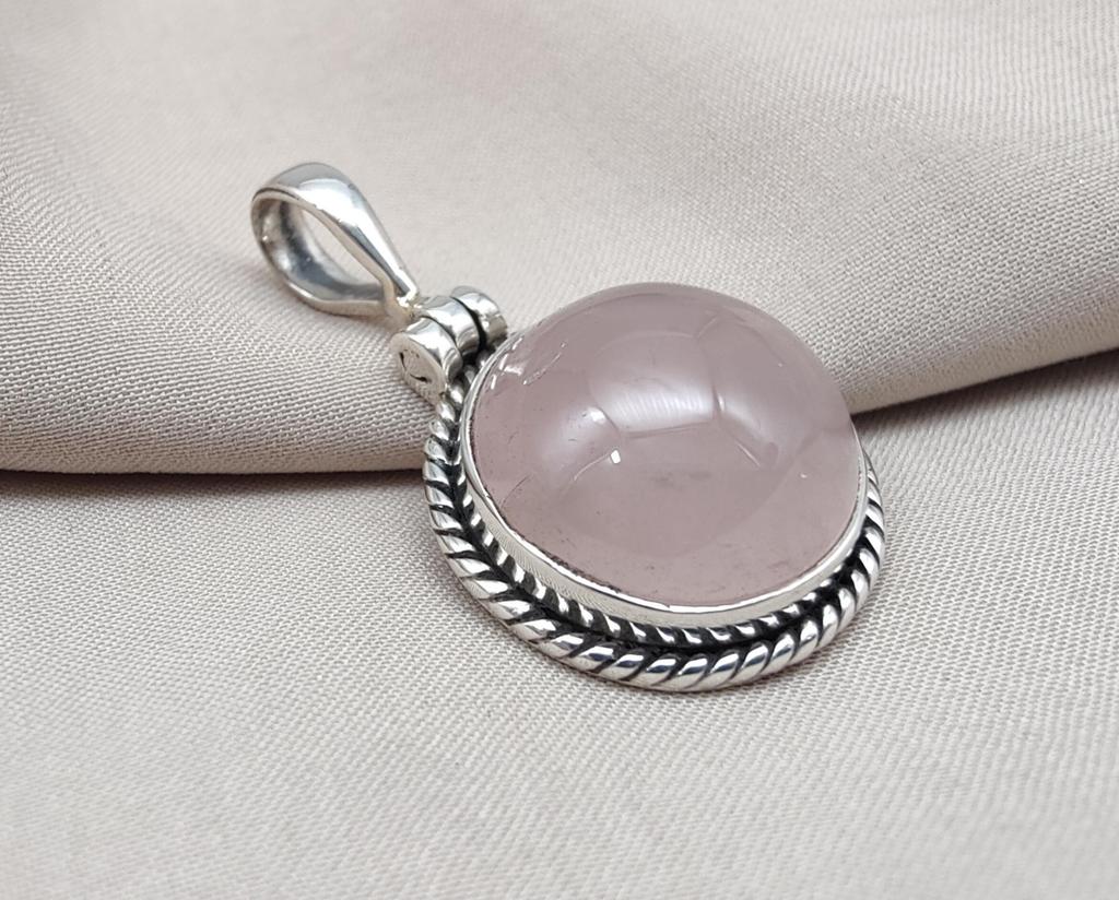 Handmade Rose Quartz Pendant: 925 Sterling Silver Round Necklace