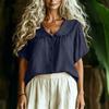 Women's Casual Short Sleeve Shirt Loose Fit Button Down Blouse with Ruffle Trim Collar Lightweight Summer Top