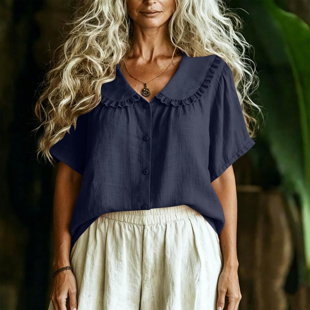 Women's Casual Short Sleeve Shirt Loose Fit Button Down Blouse with Ruffle Trim Collar Lightweight Summer Top