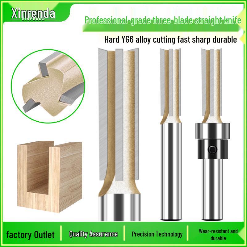 Pro Grade 3-Flute Straight Knife Grooving & Trimming Woodworking Cutter with Alloy Head & Bearing