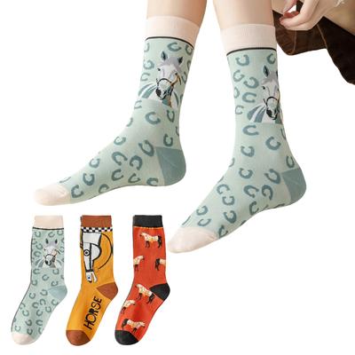 Lot de 3 paires de chaussettes unisexes mi-longues tendance à motifs d'animaux et de chevaux, chaussettes en coton douces et confortables pour hommes et femmes, chaussettes de couple