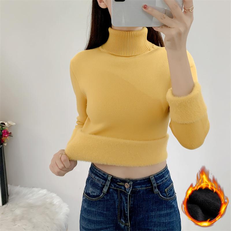 Zimowy sweter z golfem damski sweter z dzianiny Slim Tops elegancki gruby aksamitny podszewka ciepły sweter dżersejowy sweter dzianinowy