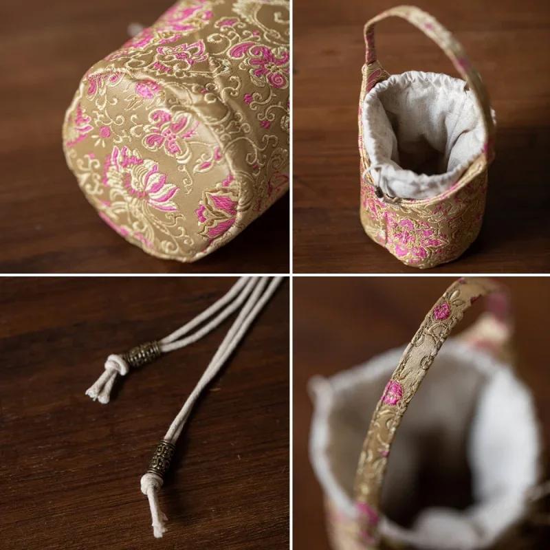 Embroidery Teaware Storage Bag Floral Pattern Cotton Teacup Protective Dustproof Pouch Accessory Outdoor Portable Drawstring Bag