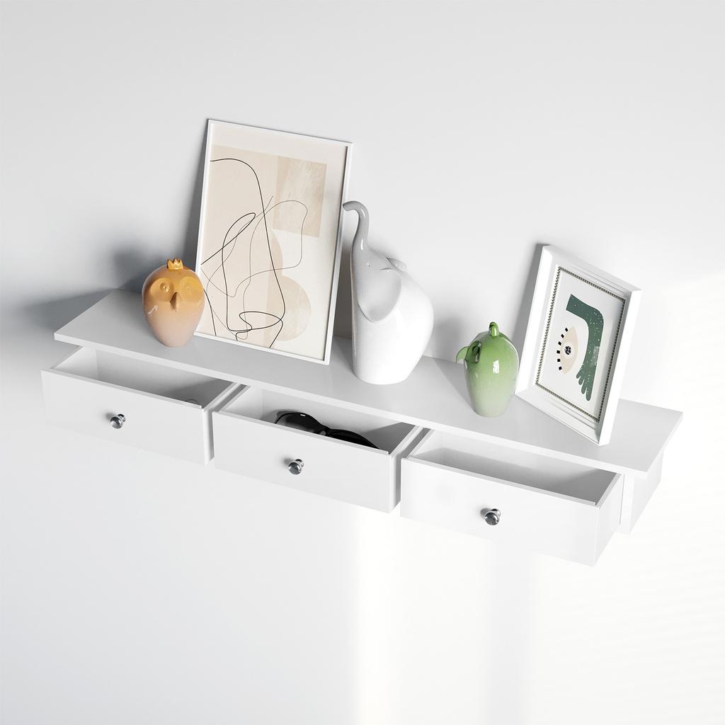 SONGMICS Floating Wall Shelf with 3 Drawers, Hallway Storage Shelf, 80 x 15 x 10 cm, Living Room, Bedroom, Kitchen, High Gloss Paint, White
