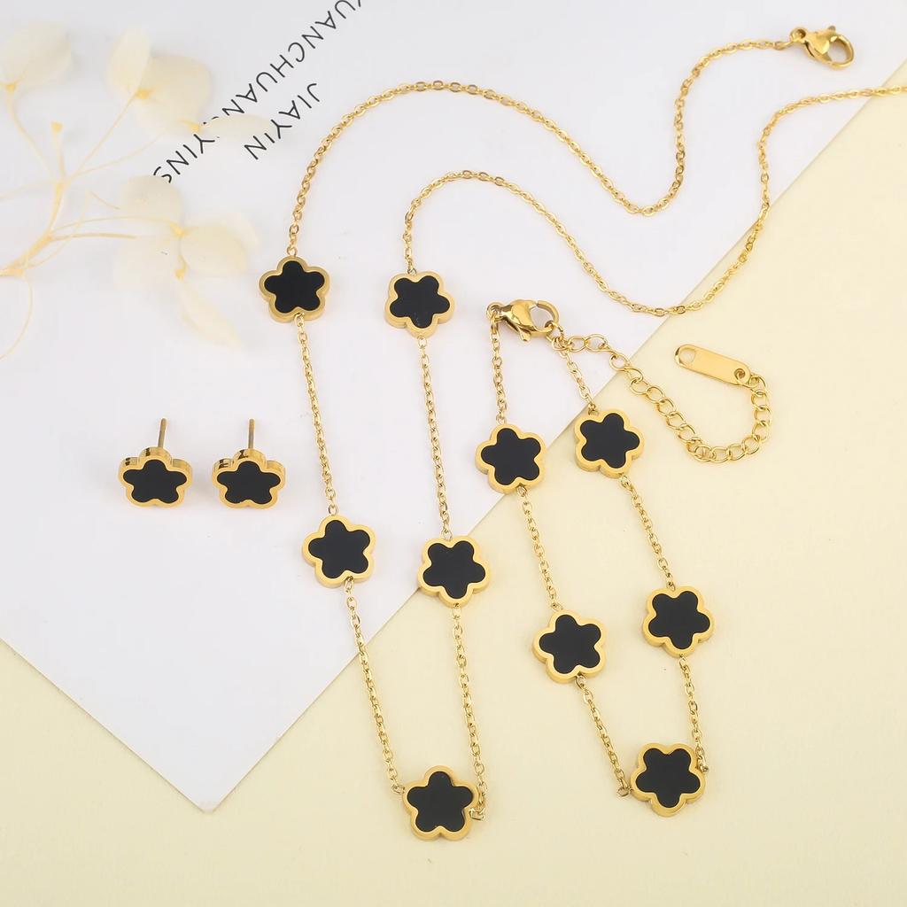 High-Quality Stainless Steel Five-Leaf Flower Set Bracelet Necklace Earrings Simple For Woman Party Birthday Zircon Gift Clover