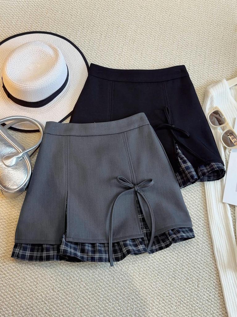 Elegant Grey Plaid Patchwork A-Line Mini Skirt for Women - High-Waisted Spring 2026 Fashion