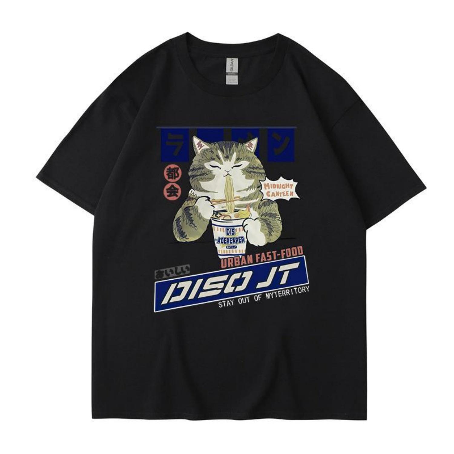 

2026 Private Thinker Cat Cat Eating Noodles Pattern ShortSleeved Mens HipHop TShirt Streetwear XXXXXL чорний