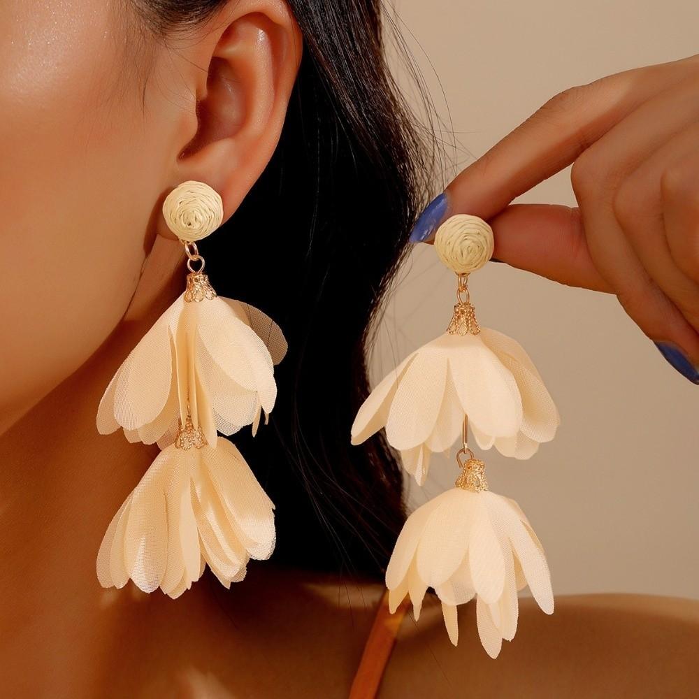 Boho Style Chiffon Flower Earrings Exaggerated Ear Studs Trendy Fabric Tassel Earrings  for Women
