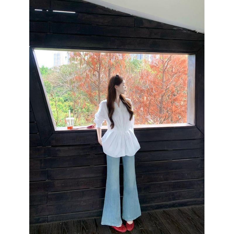 

French style Elegant Long sleeve Shirts Women clothes Spring Shirt Outerwear Pleat Unique Waist Hugging Slimming Slim fit Top White Quality Edition S