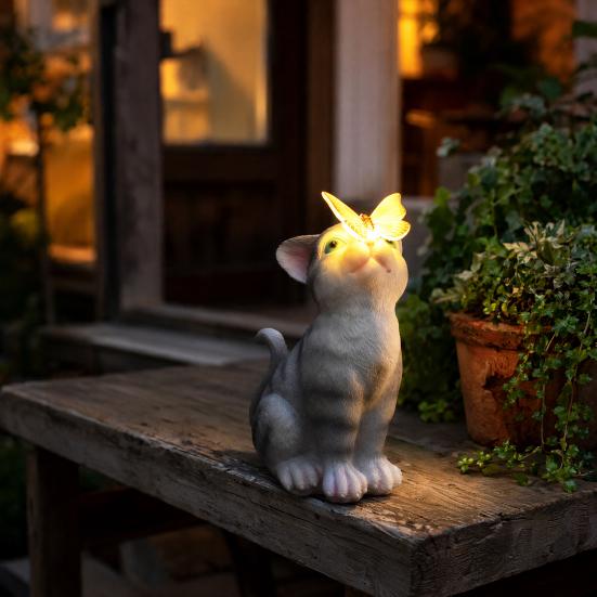 Cat Statue Solar Light, Outdoor Kitten Bunny Butterfly Sculpture Garden Light, Waterproof Solar Resin Animal Light for Pathway Yard Patio