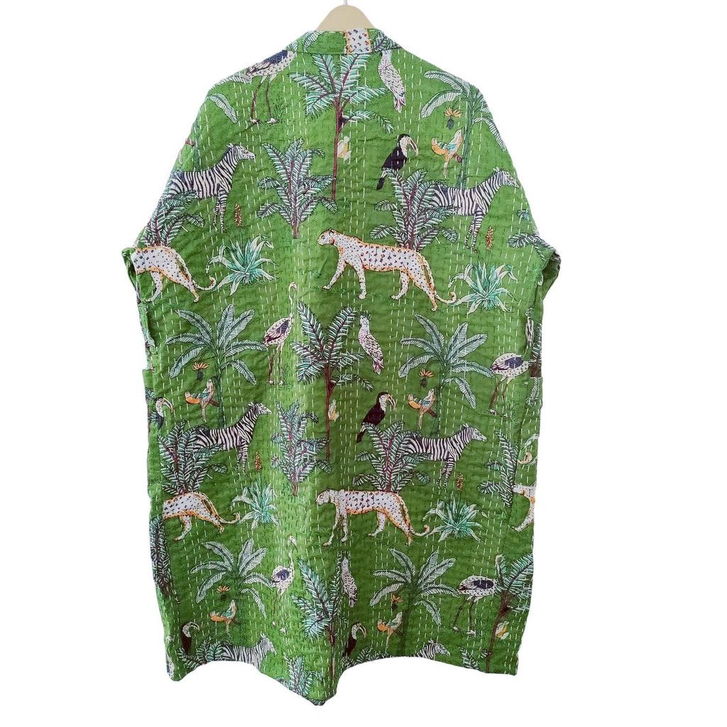 Pranipat Handicrafts Cotton Animal Print Lightweight Open Front Mid Length Hippie Women Kantha Jacket, Free Size