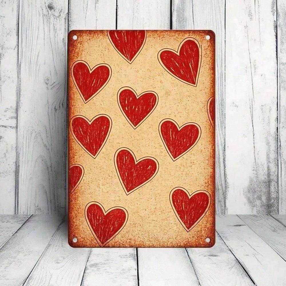 1PC Retro Metal Tin Sign, Red Heart 2D Flat Wall Art, 12x8in Weather-Resistant Hanging Decor for Festival