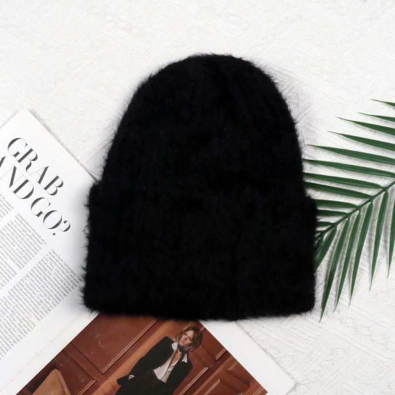 Angola rabbit fur warm solid color light board autumn and winter versatile candy color vertical stripe knitted hat women