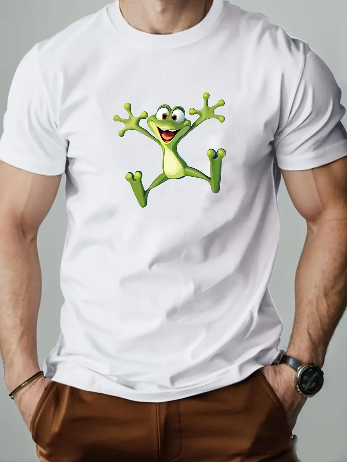 Frog Print T-Shirt - Summer Casual Crew Neck Short Sleeve Tee with Frog L