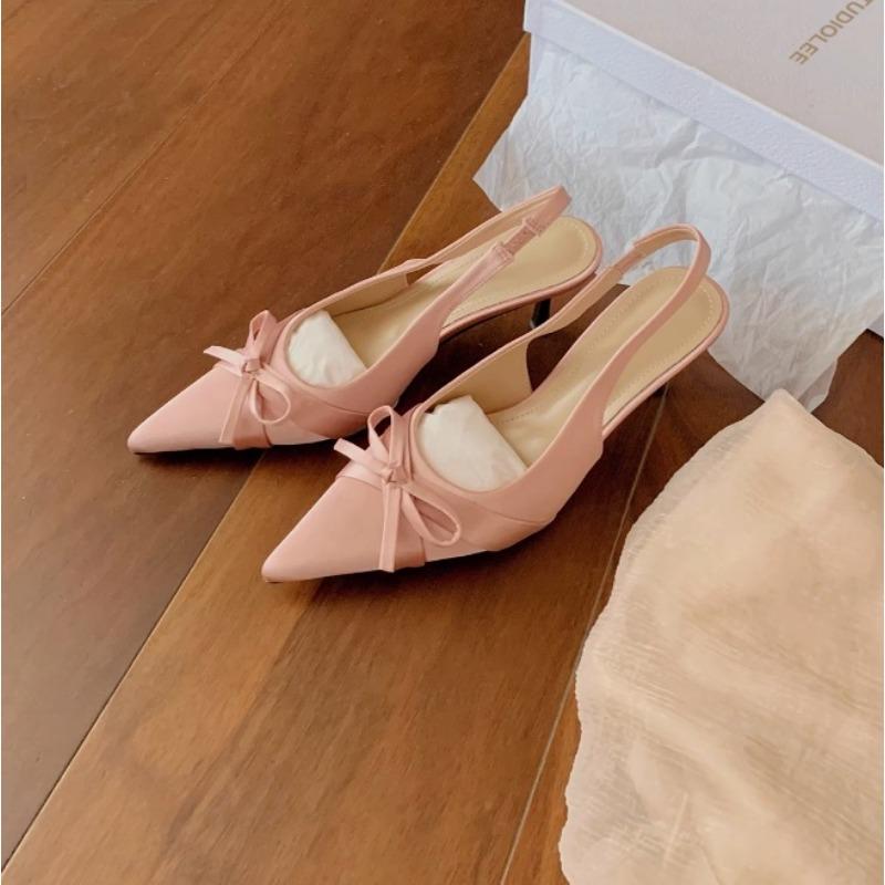 Sheepskin Version~ Baotou Sandals Women's Legs Length 7cm Thin Heels Bow High Heels Pointed Empty Single Shoes
