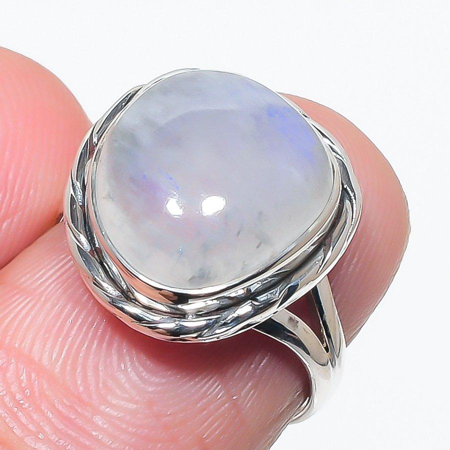 

Подарочное кольцо из стерлингового серебра 925 пробы с натуральным радужным лунным камнем S.6 v5A31