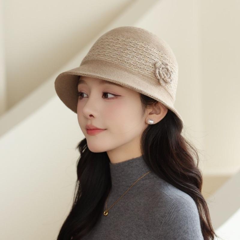 

Новая осенне-зимняя элегантная шляпа-клош с цветком, вязаная шляпа-ведро, складная теплая шляпа-ведро M（56-58cm）