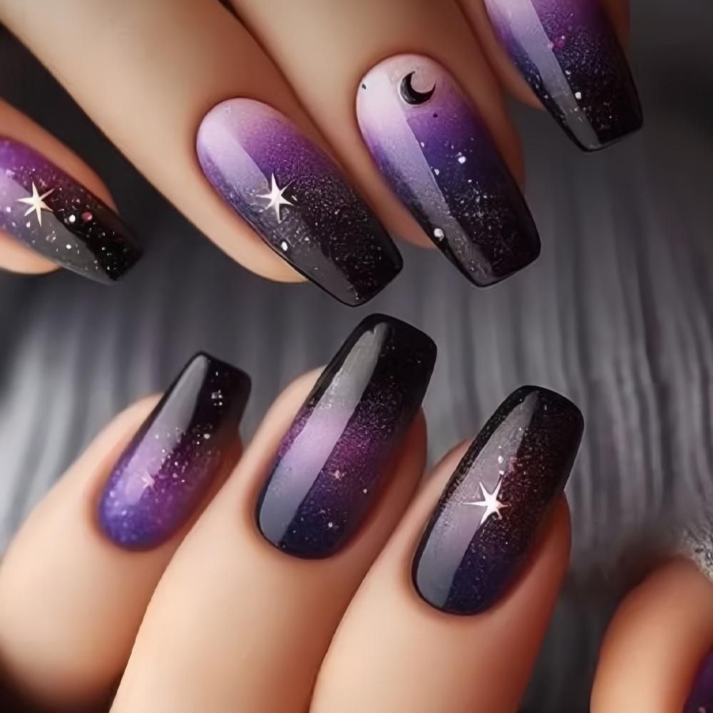 Hot-selling magic galaxy starry sky star crescent moon design wearing armor purple gradual change fake nail sticker