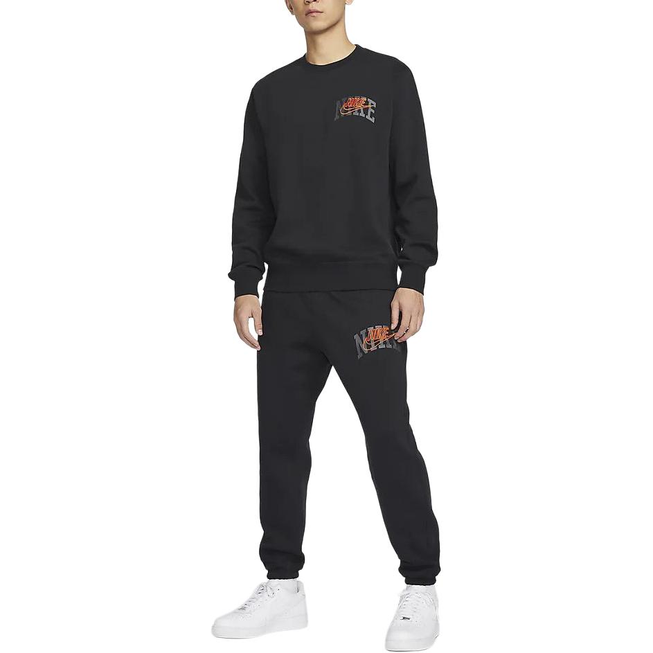 Nike Club Fleece Letter Logo Embroidery Crew Neck Fleece Lined Sweatshirt Men's Black FV4446-010