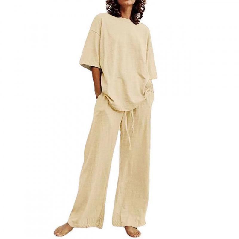 Women's 2-piece Summer Temshiyin Casual Belt Pocket Half-sleeved Top and Wide-leg Pants Set for Women