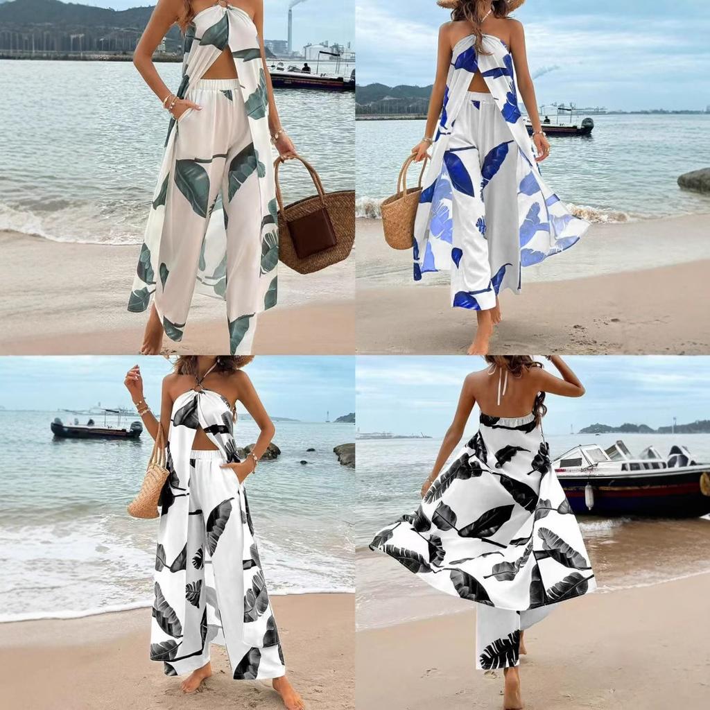 Cross-border Amazon 2025 Summer New Printed Sexy Long Halter-neck Top Set Casual Straight-Leg Pants