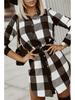 2021 Autumn/Winter Plaid Shirt Dress with Waist Tie & Turn-Down Collar