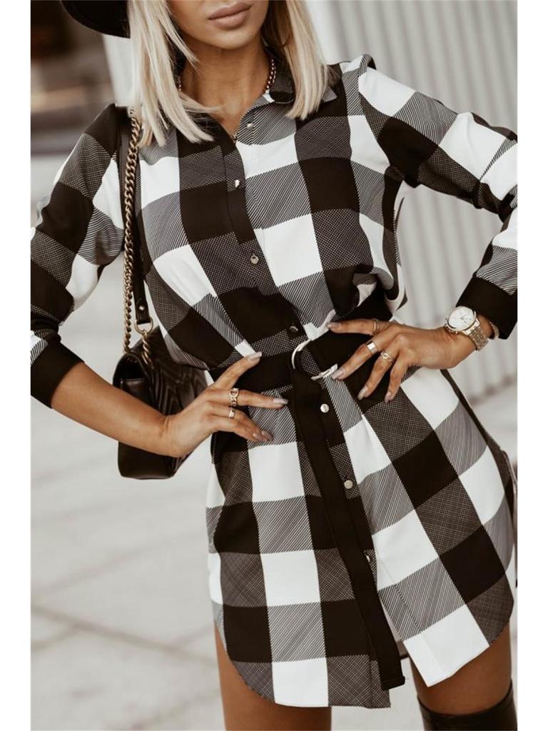 2021 Autumn/Winter Plaid Shirt Dress with Waist Tie & Turn-Down Collar