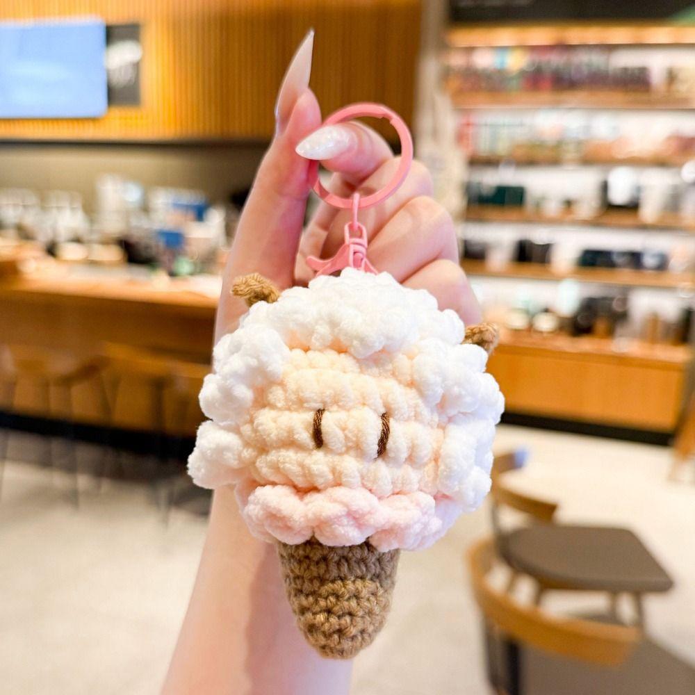 Soft Crochet Sheep Ice Cream Keychain Cute Knitted Lamb Bag Charm Hanging Decoration