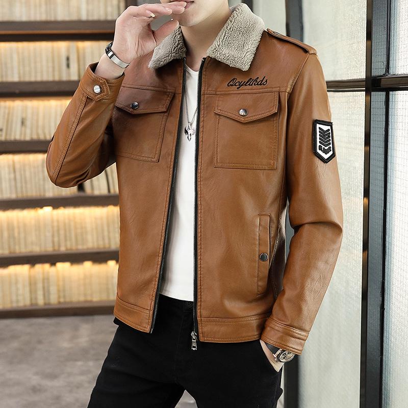 Men's 2025 Winter Korean Style Slim Fit Fleece-Lined Leather Jacket - Trendy Casual Coat