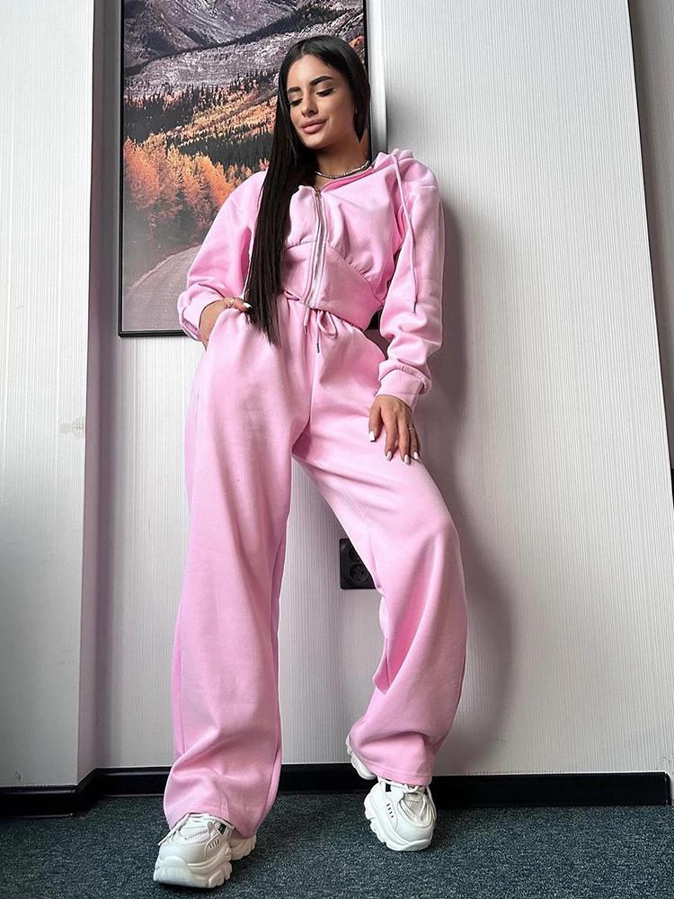 Women's Casual Solid Color Hoodie & Lace-up Pants Two-Piece Set