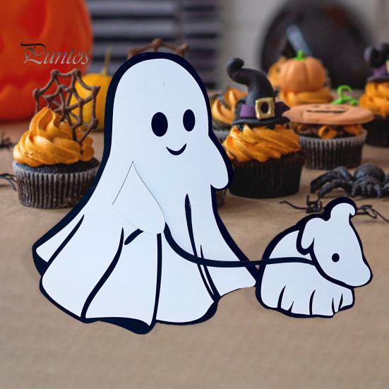 

Призрак, гуляющий с собакой, настольная табличка на Хэллоуин, жуткий, ручной работы, деревенский, деревянный, мультяшный, призрачный щенок, настольное украшение, украшение, праздничный подарок белый