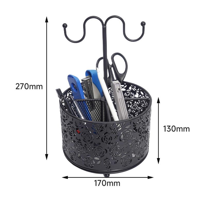 

Metal round wrought iron hollow desktop storage bucket, office countertop black metal storage pen holder Rose lace pen holder розового золота